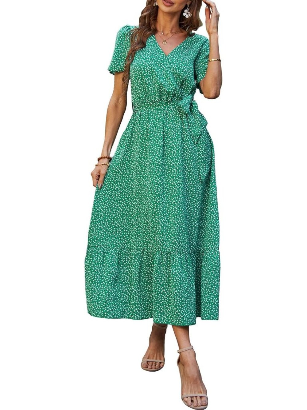 Women's Green Floral Summer Short Sleeve Wrap V Neck Boho Guest Maxi Dresses
